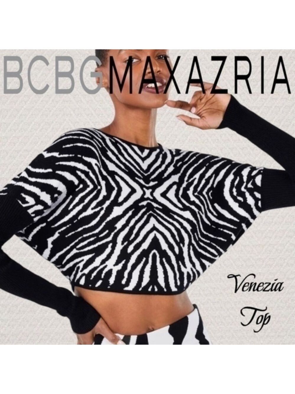 BCBGMAXAZRIA Venezia Twofer Black & White Zebra Print Cropped Knit Top NWT/Lg